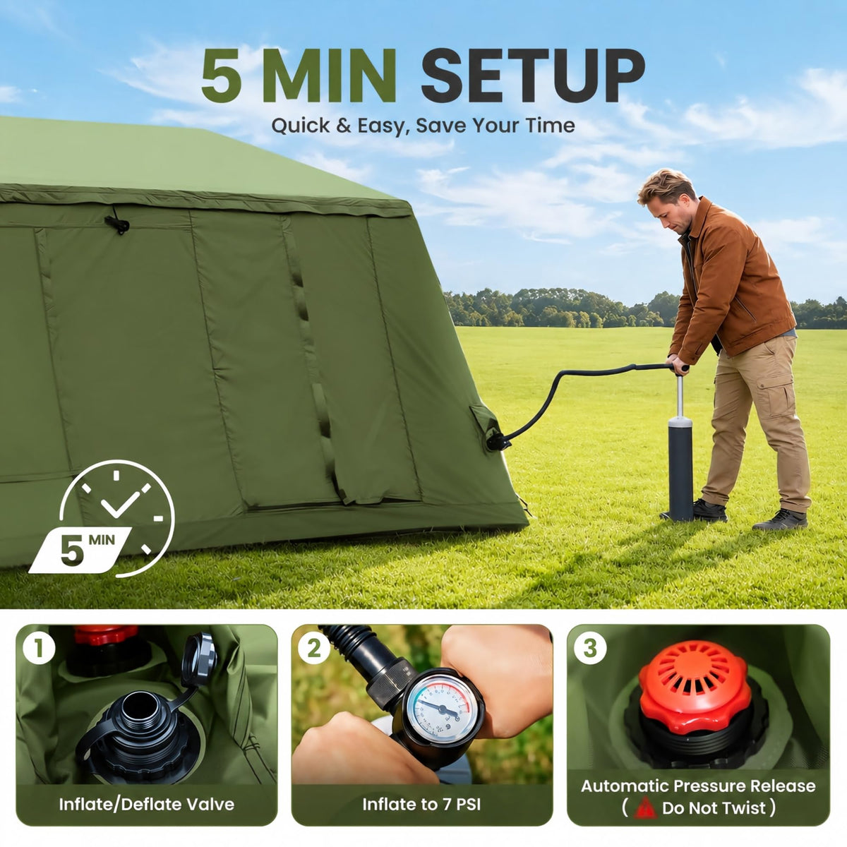 ABORON Inflatable Camping Tent, 4/6/8/10/12 Person Easy Setup Blow Up Tent with Hand Pump, PU3000mm Waterproof 4 Season Glamping Tent for Outdoor Camping