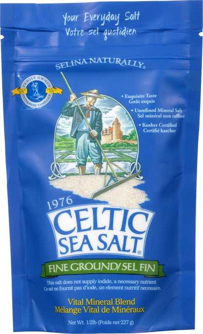 Celtic Sea Salt Fine Ground – Natural Mineral Salt, Sustainably Harvested, GMP Certified, Lab Tested – Baking, Cooking, Seasoning, Everyday Use – ½ Pound Resealable Bag
