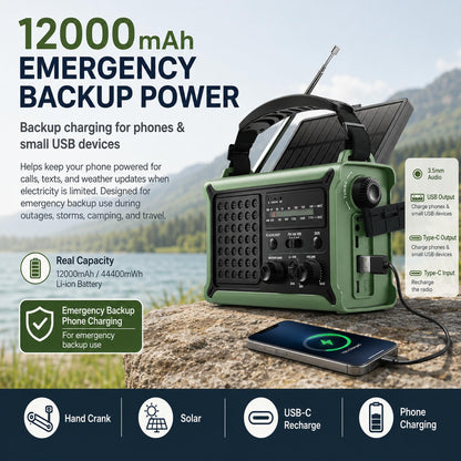 Emergency Radio with Hand Crank & Solar, NOAA Weather Band, AM/FM, 12000mAh | 8500mm² Solar Panel, Clear AM/FM Reception, 5W Flashlight & Reading Light, 120dB SOS, Phone Charging for Hurricanes & Outages