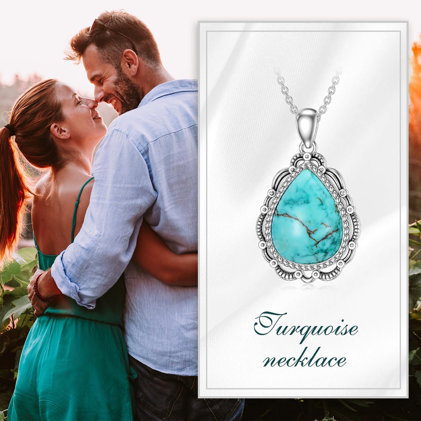 Turquoise Necklace 925 Sterling Silver Natural Turquoise Gemstone Pendant Vintage Bohemian Western Jewelry Gifts for Women