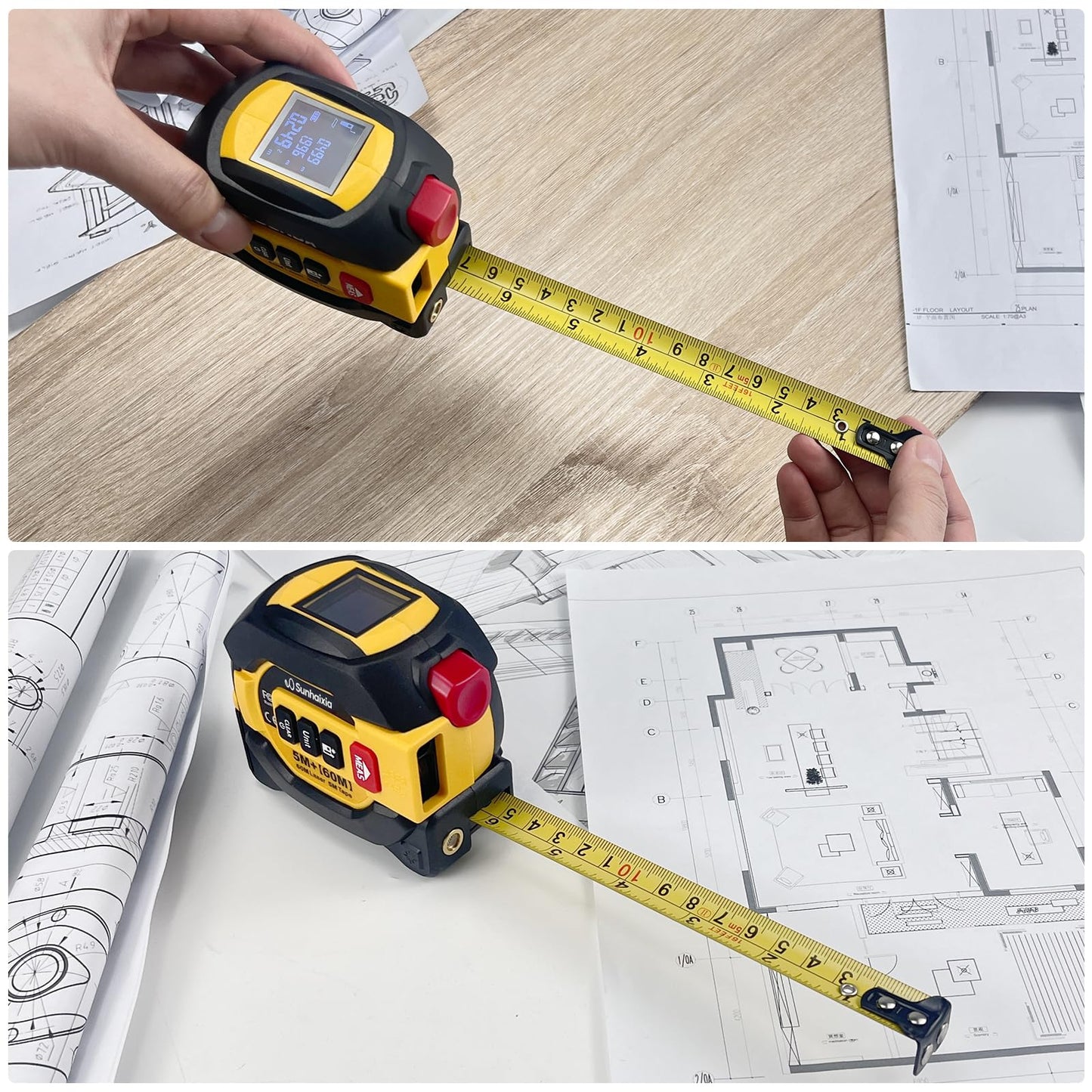 3 in 1 Digital Laser Tape Measure, 197ft/60m Laser Distance Meter, 16ft/5m Digital Tape Measure with Cross Line, AutoLock, ft/in/m Unit Switch, Measure Area, Volume, Pythagorean (Purple)