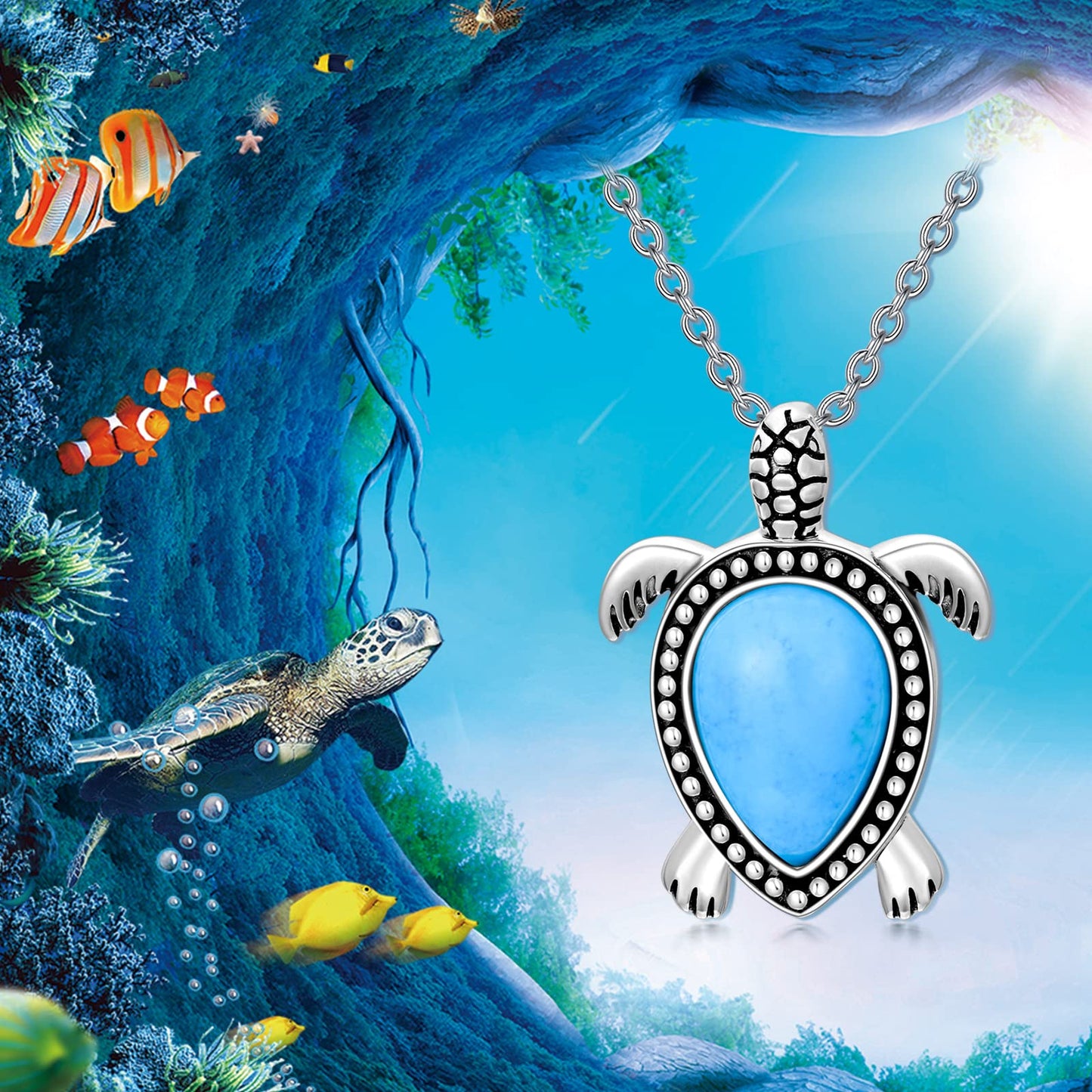 Turtle Necklace 925 Sterling Silver Genuine Gemstone Sea Turtle Pendant Ocean Beach Theme Animal Jewelry Gifts for Women Turtle Lovers