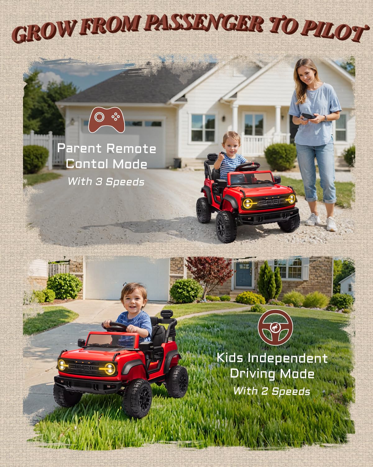 First Ride On 24V Ride on Toys for Big Kids, Licensed Ford Bronco Raptor 2 Seater Ride on Cars with Remote Control, Ride on Truck w/ 4-Wheeler Suspension, 3 Speeds, Led Lights, Bluetooth (24V, Pink) | First Ride On, 24V, for Big Kids, 2 Seater, with Remot
