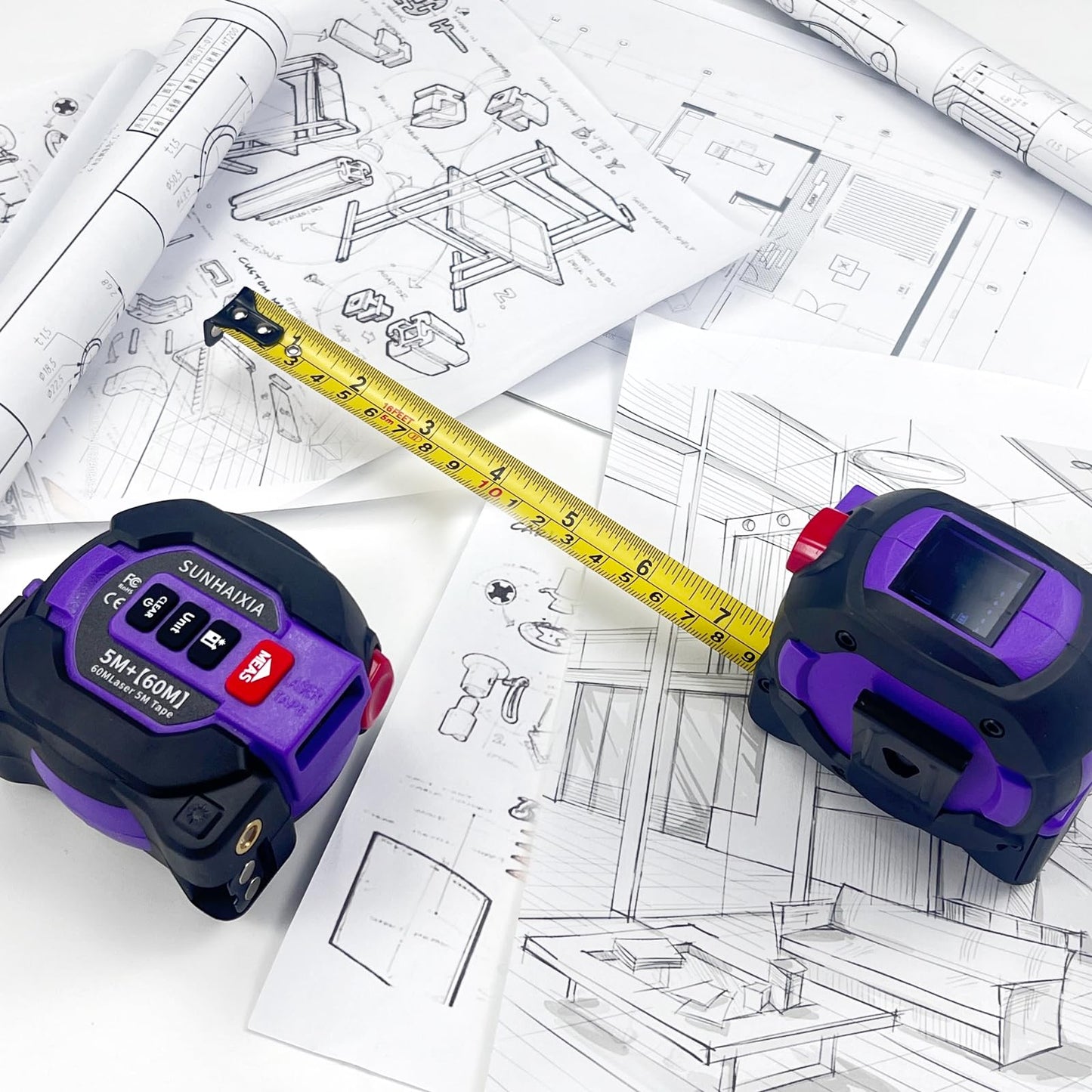 3 in 1 Digital Laser Tape Measure, 197ft/60m Laser Distance Meter, 16ft/5m Digital Tape Measure with Cross Line, AutoLock, ft/in/m Unit Switch, Measure Area, Volume, Pythagorean (Purple)