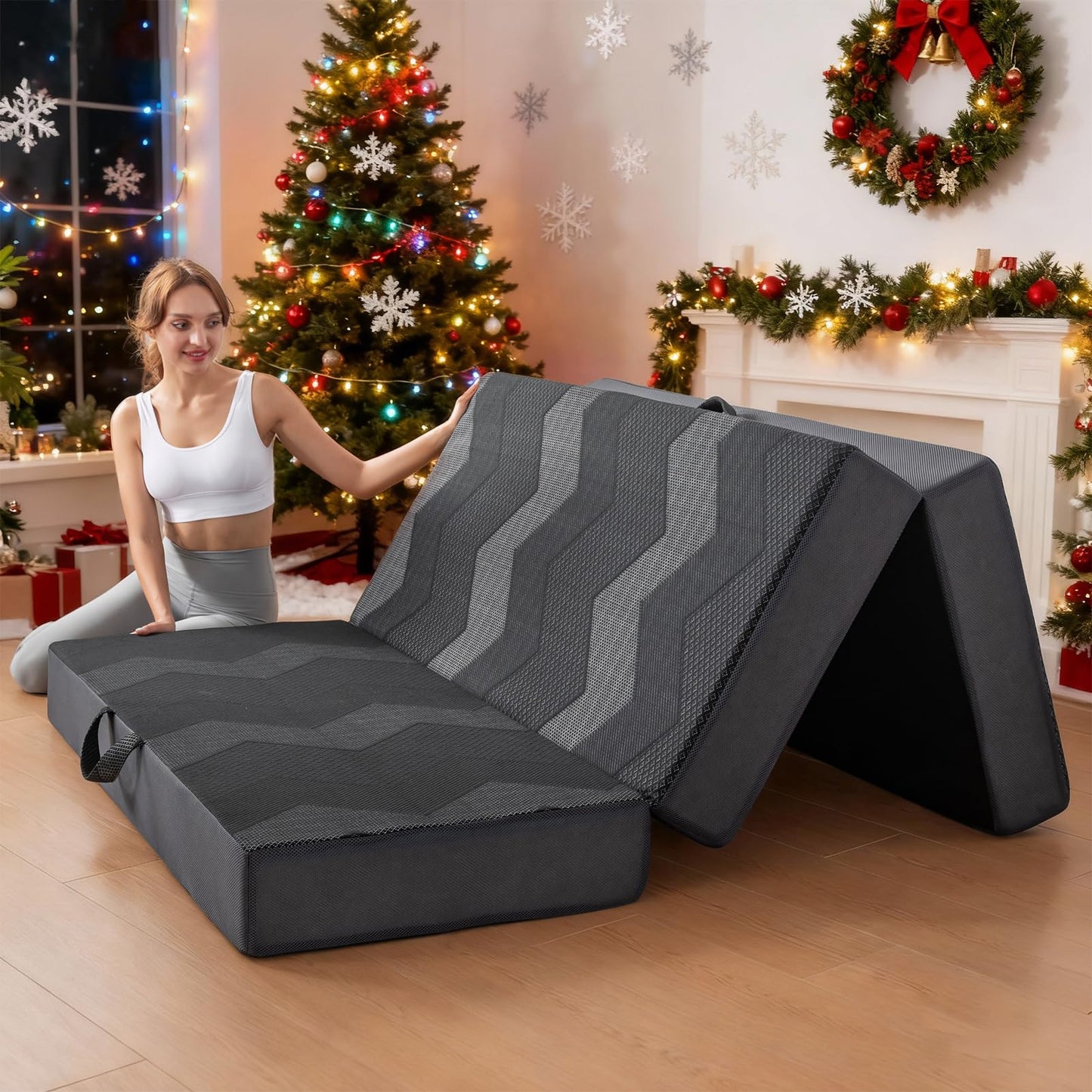 INGEROOM Trifold Mattress Queen - Memory Foam 6 inch Foldable Mattress for Camping, with Portable Handle, Non-Slip Folding Floor Bed Sofa for Guest Travel Yoga, Washable Breathable Cover