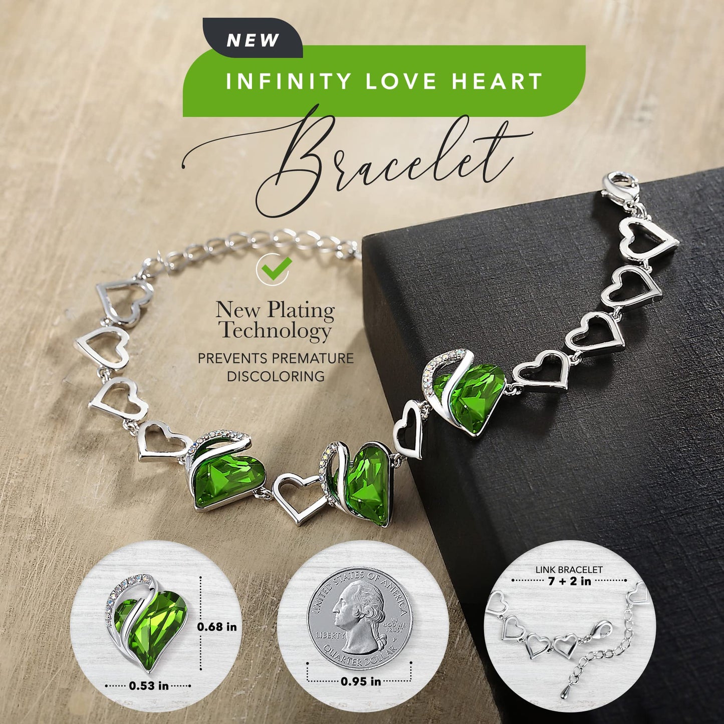 Leafael Infinity Love Heart Link Bracelets, Birthstone or Healing Stone Crystal Bracelet for Women, Silver Tone Jewelry Gifts for Her, 7-inch Chain and 2-inch Extender