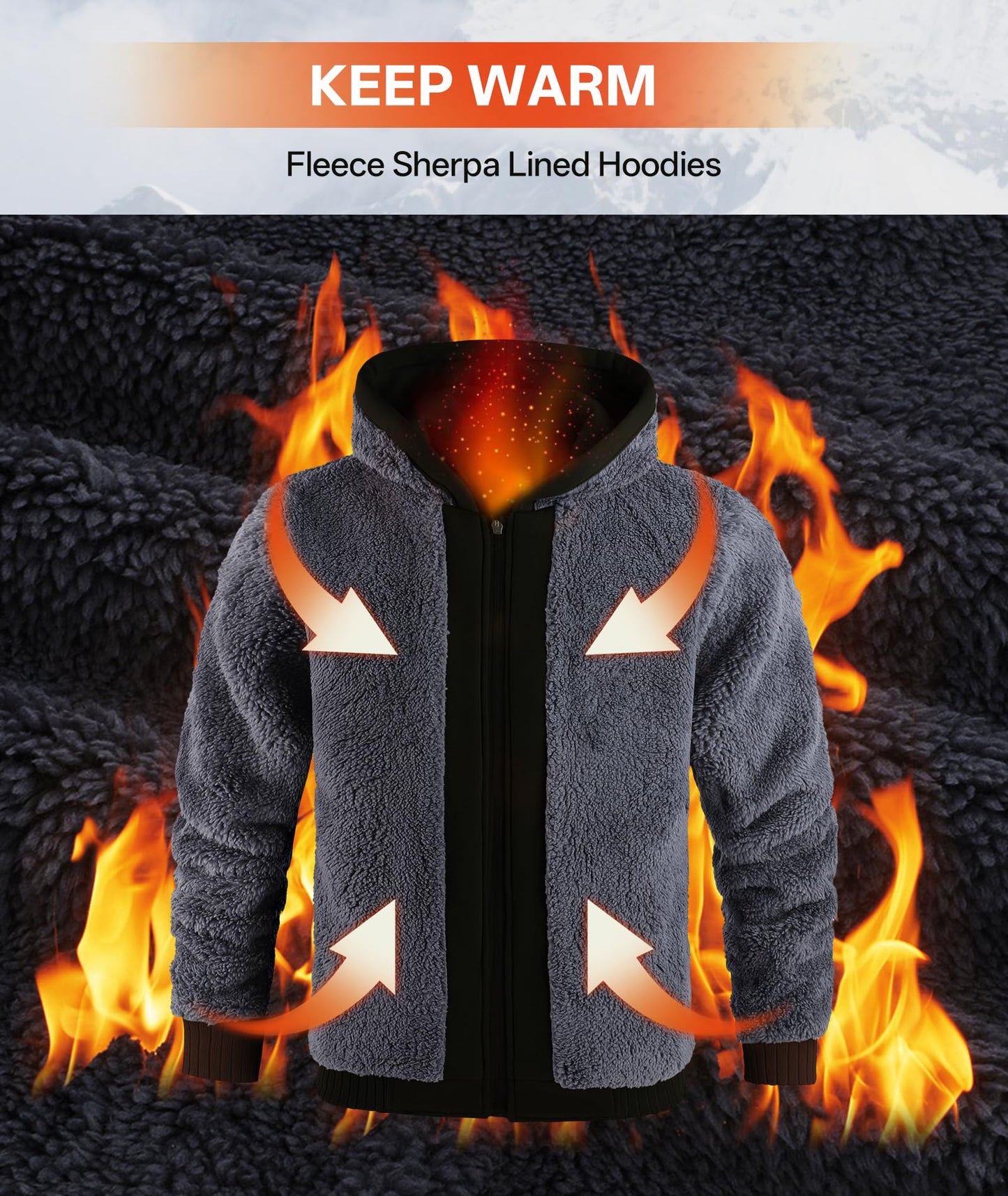 V VALANCH Men Hoodies Zip Up Sherpa Lined Sweatshirts Heavyweight Thick Warm Fleece Winter Jacket