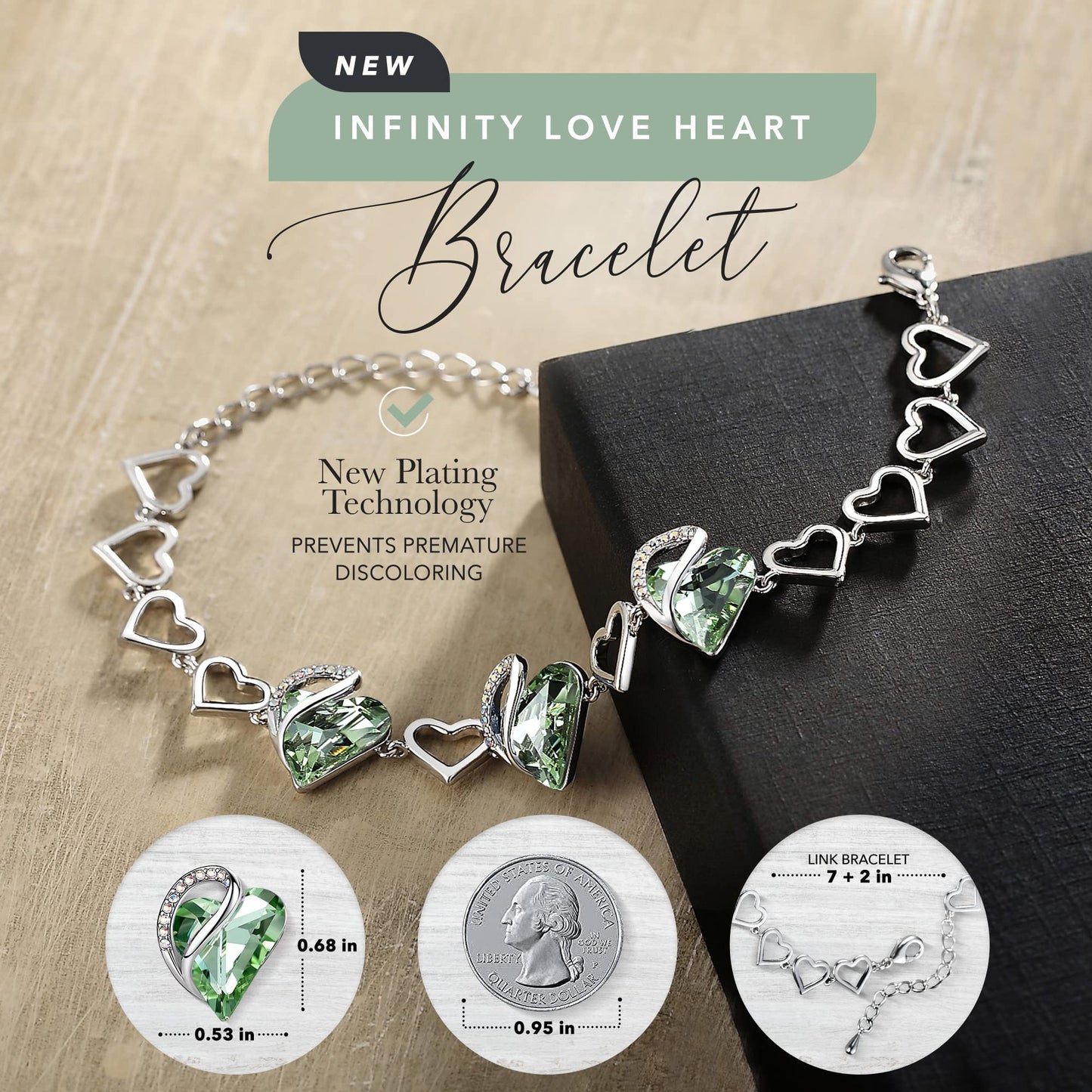 Leafael Infinity Love Heart Link Bracelets, Birthstone or Healing Stone Crystal Bracelet for Women, Silver Tone Jewelry Gifts for Her, 7-inch Chain and 2-inch Extender