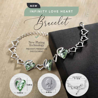 Leafael Infinity Love Heart Link Bracelets, Birthstone or Healing Stone Crystal Bracelet for Women, Silver Tone Jewelry Gifts for Her, 7-inch Chain and 2-inch Extender
