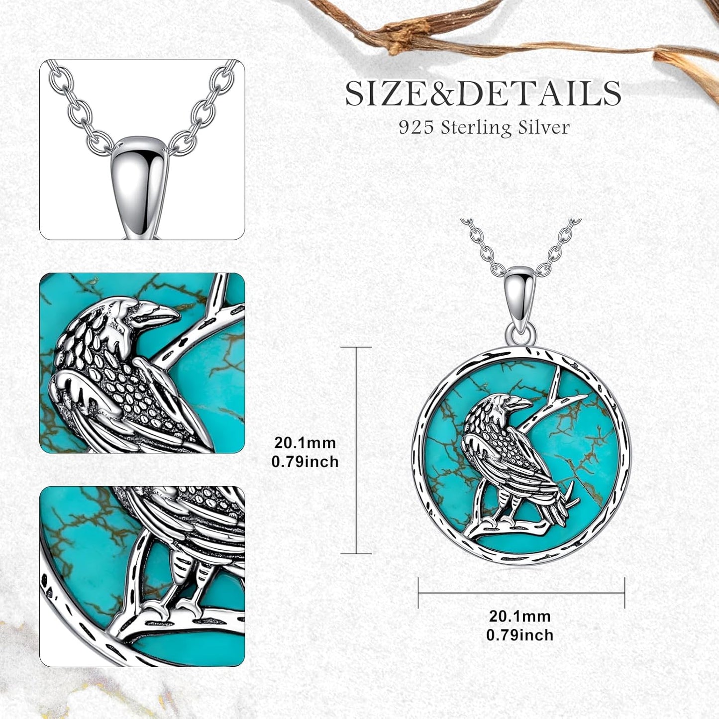 Turquoise Raven Necklace 925 Sterling Silver Real Blue Turquoise Viking Crow Pendant Western Vintage Animal Jewelry for Women