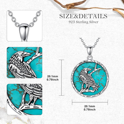 Turquoise Raven Necklace 925 Sterling Silver Real Blue Turquoise Viking Crow Pendant Western Vintage Animal Jewelry for Women