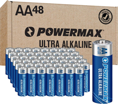 Powermax 48-Count AA Batteries, Ultra Long Lasting Alkaline Battery, 10-Year Shelf Life, Reclosable Packaging