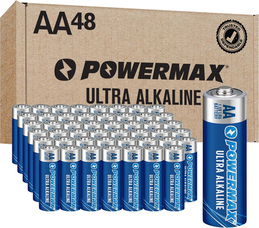Powermax 48-Count AA Batteries, Ultra Long Lasting Alkaline Battery, 10-Year Shelf Life, Reclosable Packaging