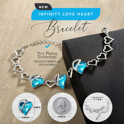 Leafael Infinity Love Heart Link Bracelets, Birthstone or Healing Stone Crystal Bracelet for Women, Silver Tone Jewelry Gifts for Her, 7-inch Chain and 2-inch Extender