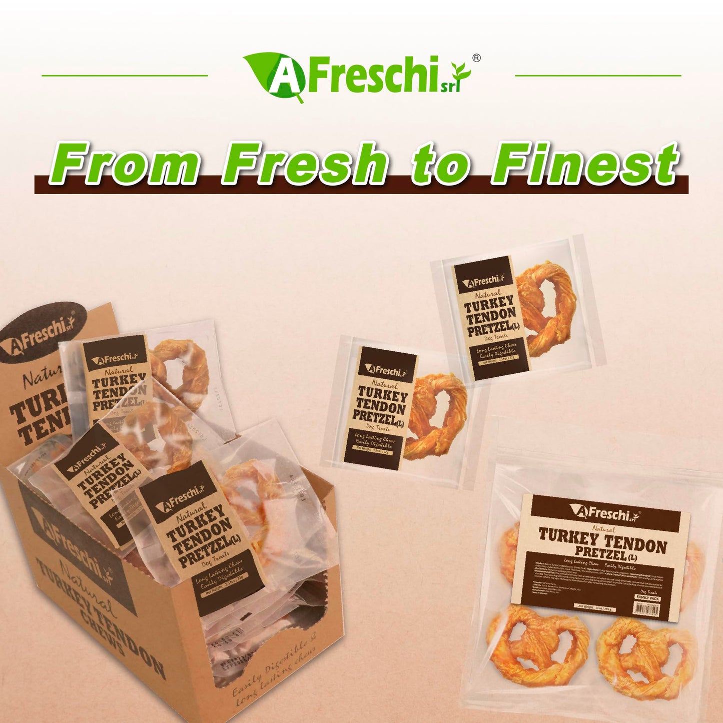 AFreschi Turkey Tendons for Dogs, USA-Sourced, Healthy Dog Treats, Rawhide-Free Puppy Chews, Long Lasting, All Natural, Hypoallergenic Dog Treats for Large Breeds, 1 Count Pack Bone (L)