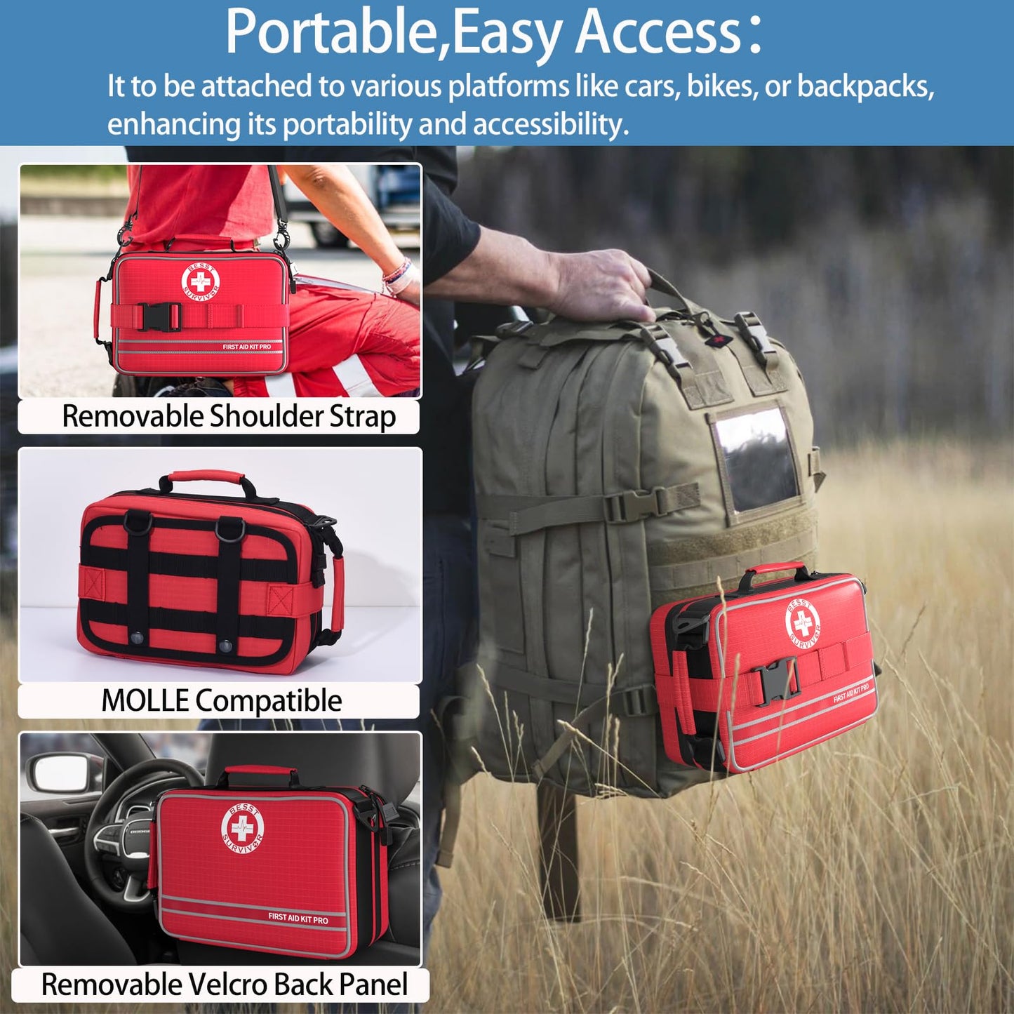 Besst Survivor Premium First Aid Kit - Waterproof Molle Medical Bag with Color-Coded Compartments, with Israeli Bandage, Rescue Blanket & CPR Mask for Home, Car, Hiking, Camping & Outdoor Emergencies