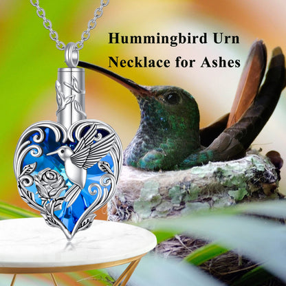 TOUPOP Hummingbird Urn Necklace for Ashes 925 Sterling Silver Heart Cremation Jewelry Keepsake Pendant with Funnel Filler Memorial Christmas Gifts for Women Mom Wife