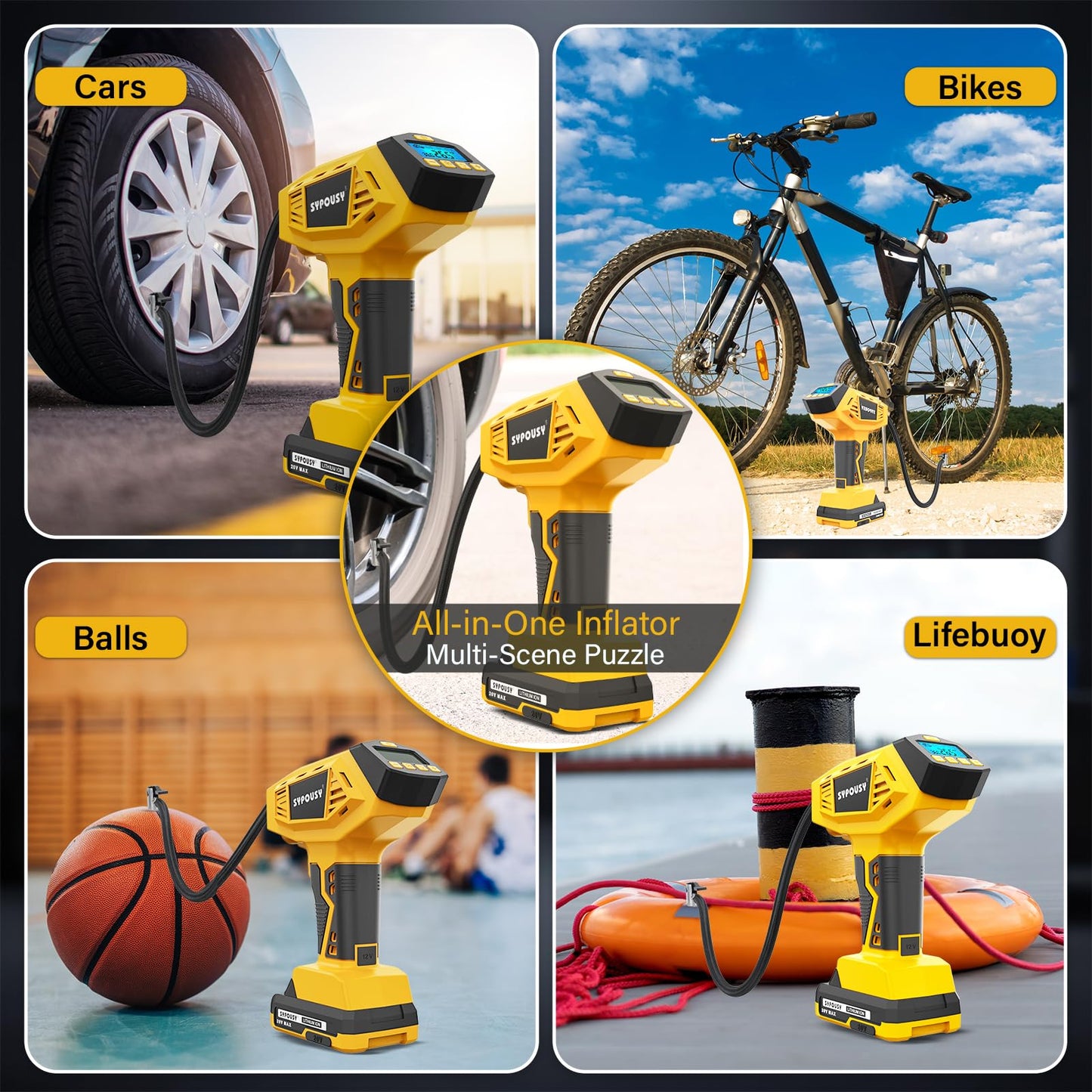 Upgraded Tire Inflator Portable Air Compressor, 160PSI Cordless Air Pump with 20V Rechargeable Battery, 2X Faster Inflation, Digital Pressure Gauge for Car, Motorcycle, E-Bike & Balls (Yellow)