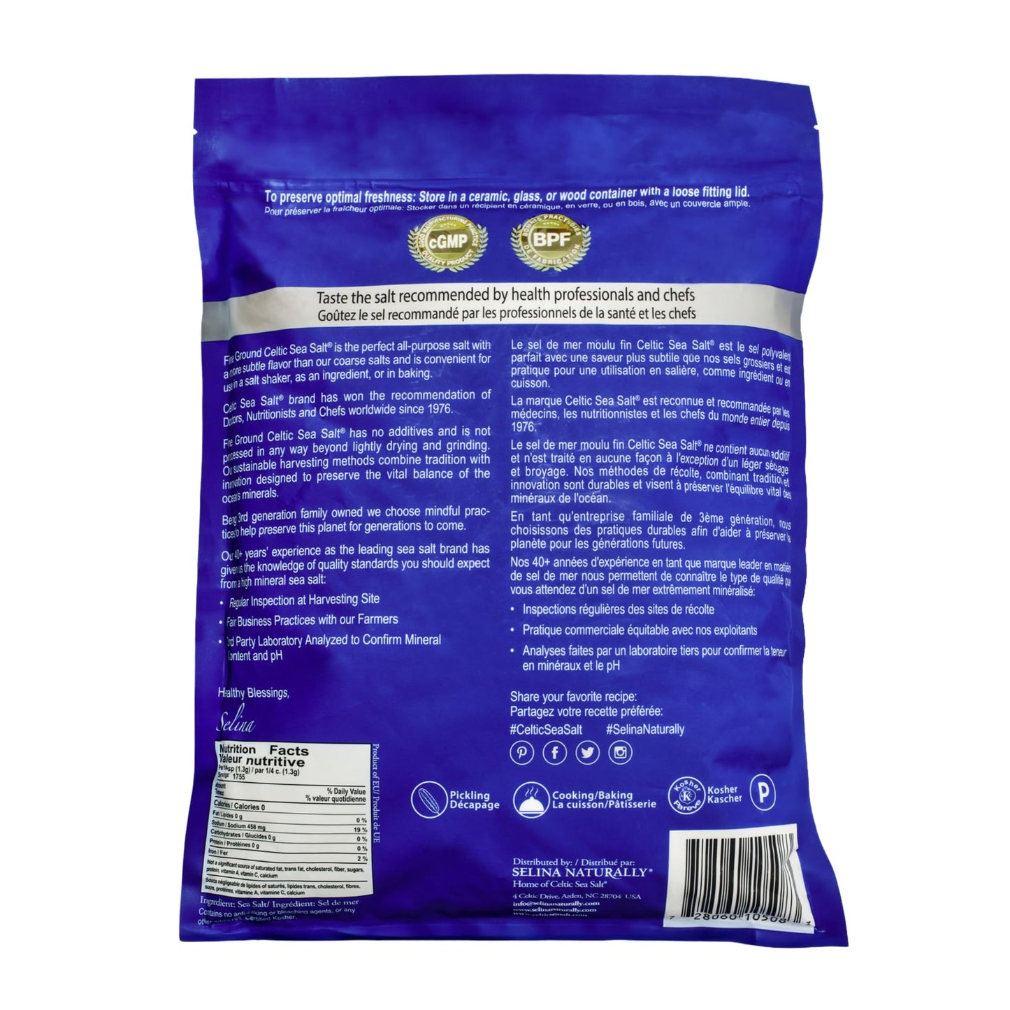 Celtic Sea Salt Fine Ground – Natural Mineral Salt, Sustainably Harvested, GMP Certified, Lab Tested – Baking, Cooking, Seasoning, Everyday Use – ½ Pound Resealable Bag