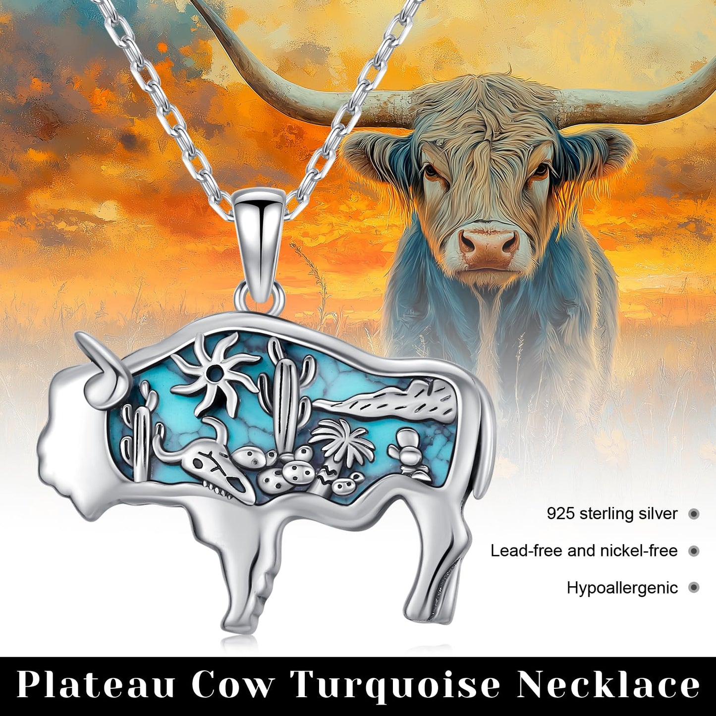 Midir&Etain Western Necklace 925 Sterling Silver Turquoise Pendant Highland Cow/Cow Skull/Hat/Tag/Cactus/Boot Cowgirl Country Jewelry for Women Men