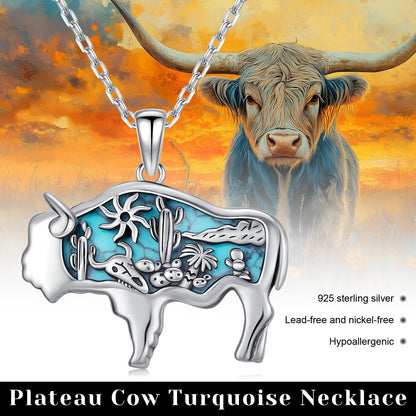Midir&Etain Western Necklace 925 Sterling Silver Turquoise Pendant Highland Cow/Cow Skull/Hat/Tag/Cactus/Boot Cowgirl Country Jewelry for Women Men