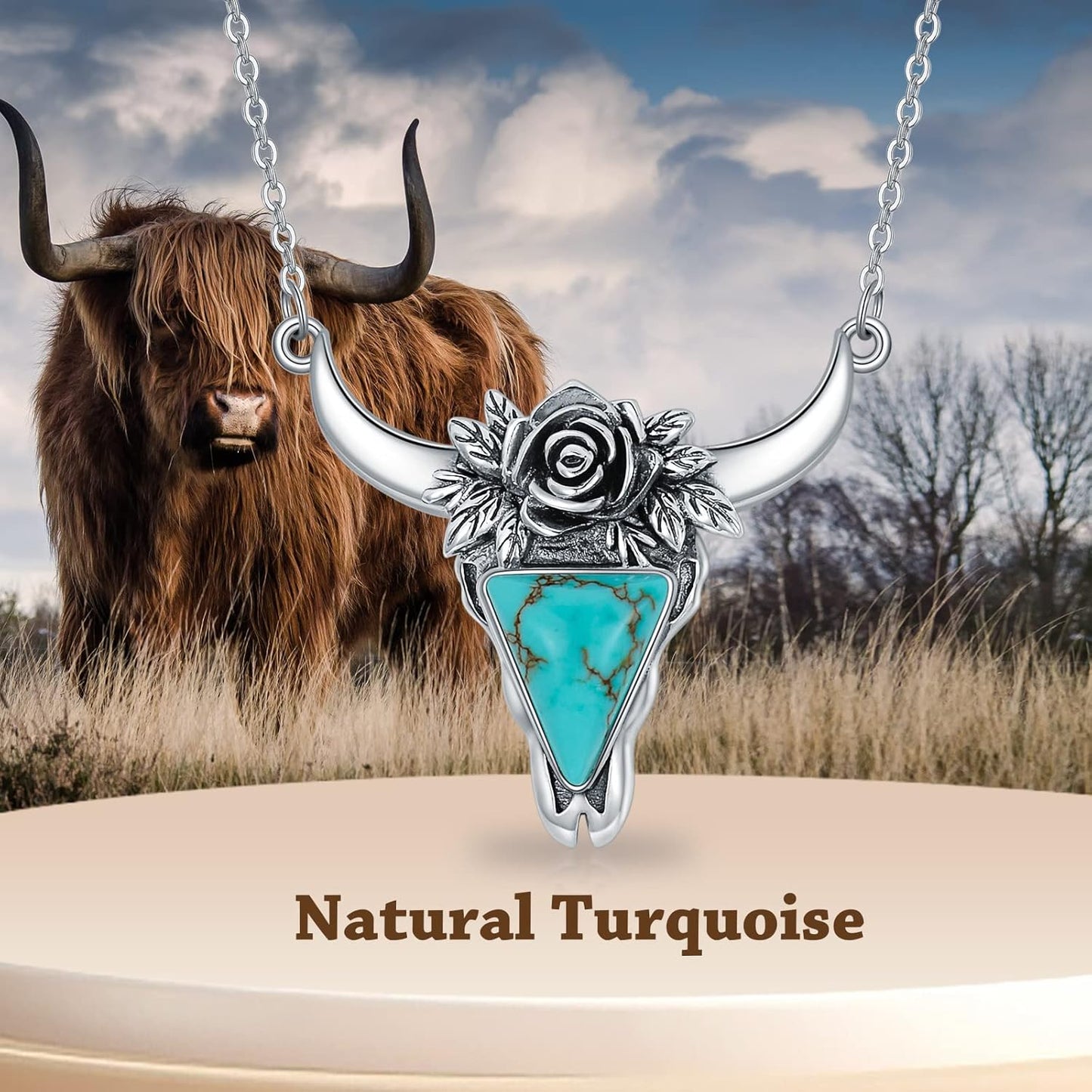 Turquoise Cow Skull Necklace 925 Sterling Silver Head Skull Pendant Bohemian Western Jewelry Gifts for Women Cowgirl