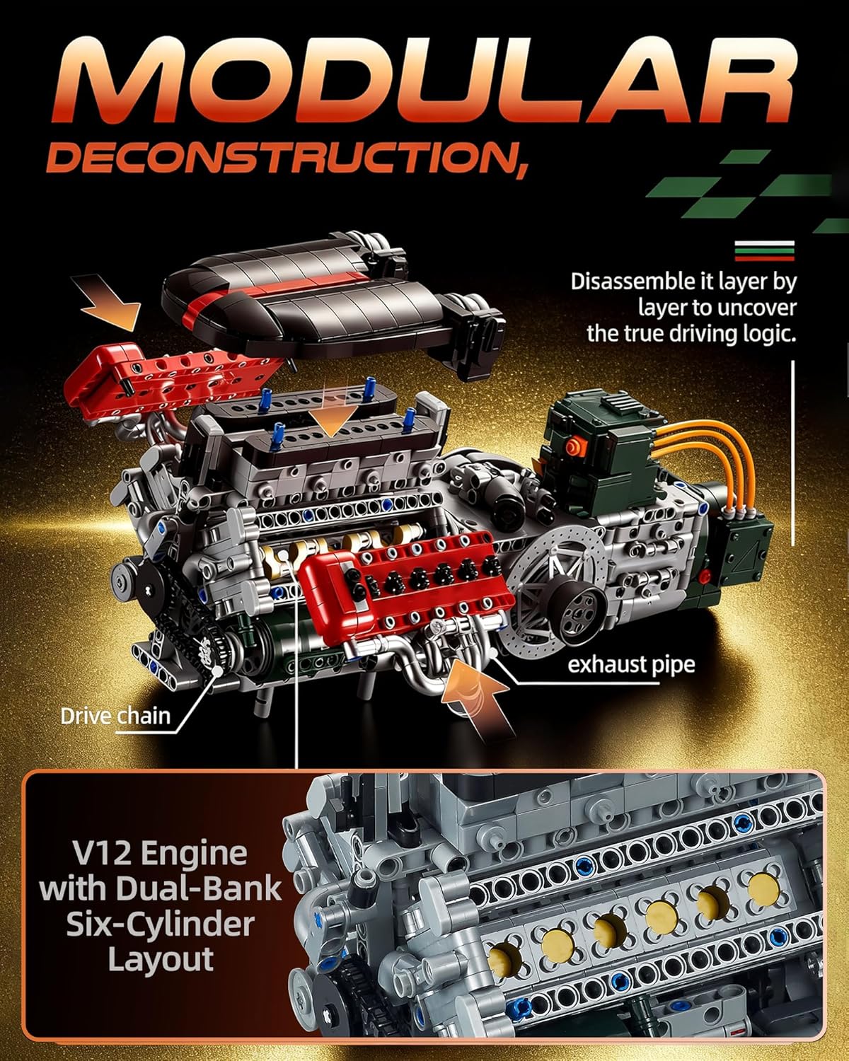 V12 Engine Model Kit That Runs, Build Your Own Mechanical Building Set with Battery Box and Motor, 2322PCS STEM Technic Toy for Adults Teens Age 14+