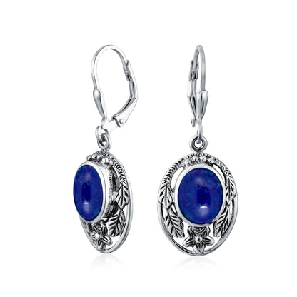 Boho Native American Style Marquise Shaped Gemstone Stabilized Blue Turquoise Coral Leaf Feather Dangling Earrings Western Jewelry For Women Teens Lever Back Oxidized .925 Sterling Silver