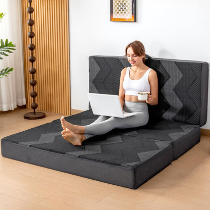 INGEROOM Trifold Mattress Queen - Memory Foam 6 inch Foldable Mattress for Camping, with Portable Handle, Non-Slip Folding Floor Bed Sofa for Guest Travel Yoga, Washable Breathable Cover
