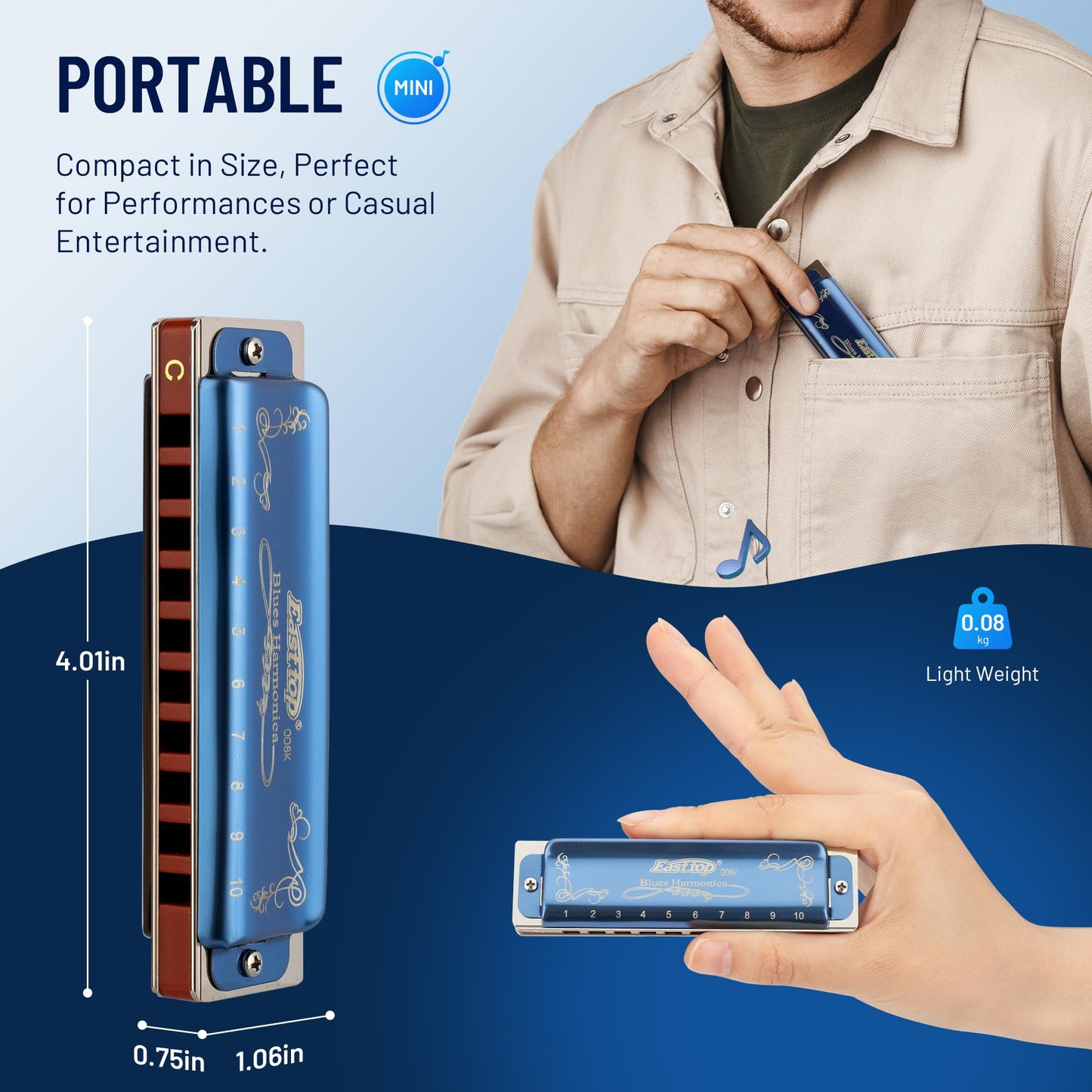 East top Harmonica Key of C, 10 Holes 008K Diatonic Mouth Organ with Blue Case, Standard Harmonica For Adults, Professionals, Beginners and Students, as a Gift