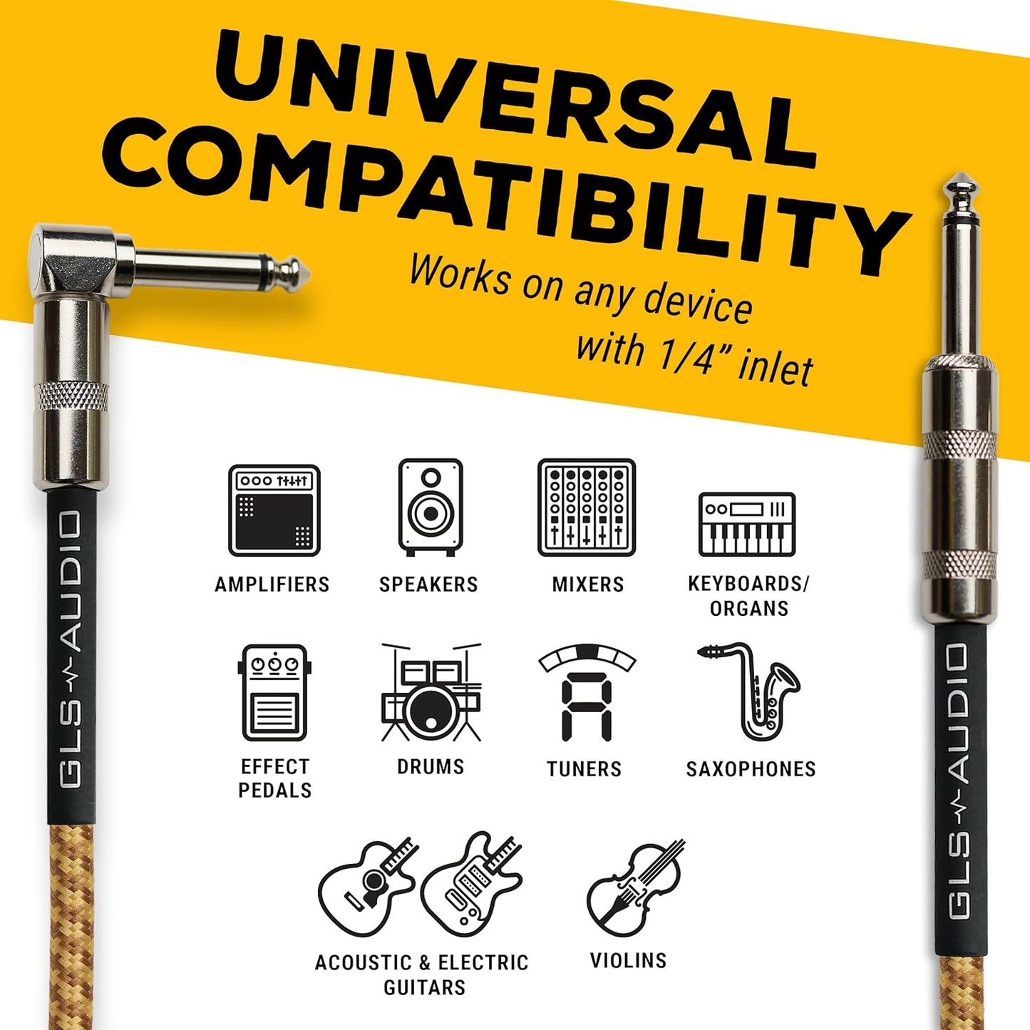 GLS Audio Instrument Cable - Amp Cord for Bass & Electric Guitar - Straight to Right Angle 1/4 Inch Instrument Cable - Brown/Yellow Braided Tweed, 20ft