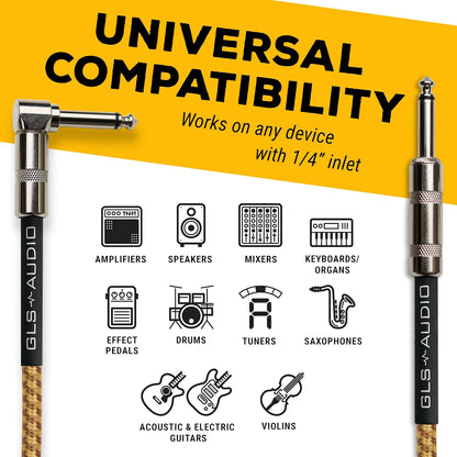 GLS Audio Instrument Cable - Amp Cord for Bass & Electric Guitar - Straight to Right Angle 1/4 Inch Instrument Cable - Brown/Yellow Braided Tweed, 20ft