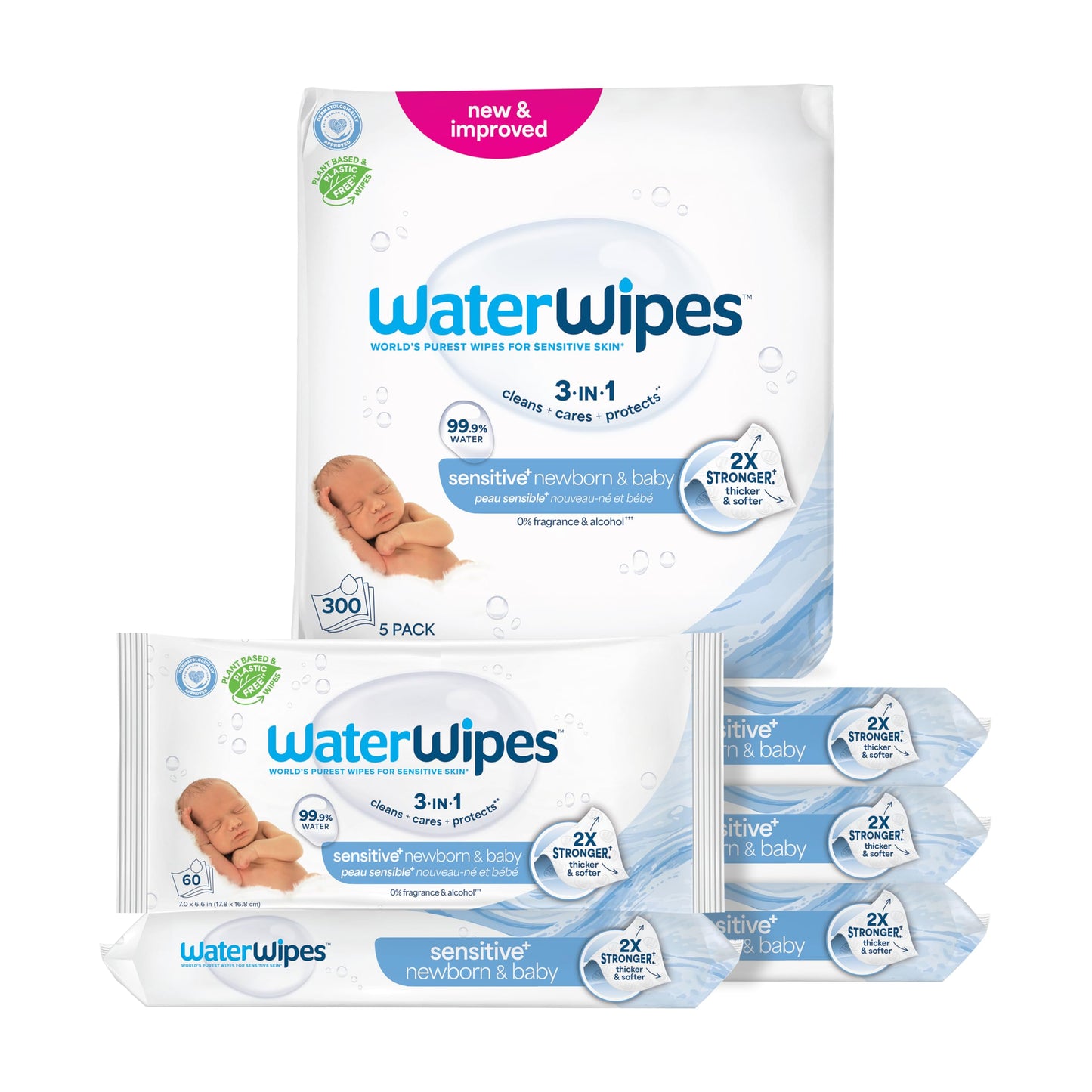 WaterWipes Sensitive+ Newborn & Baby Wipes, 3-In-1 Cleans, Cares, Protects, 99.9% Water, Unscented & Hypoallergenic, 720 Count (12 Packs)