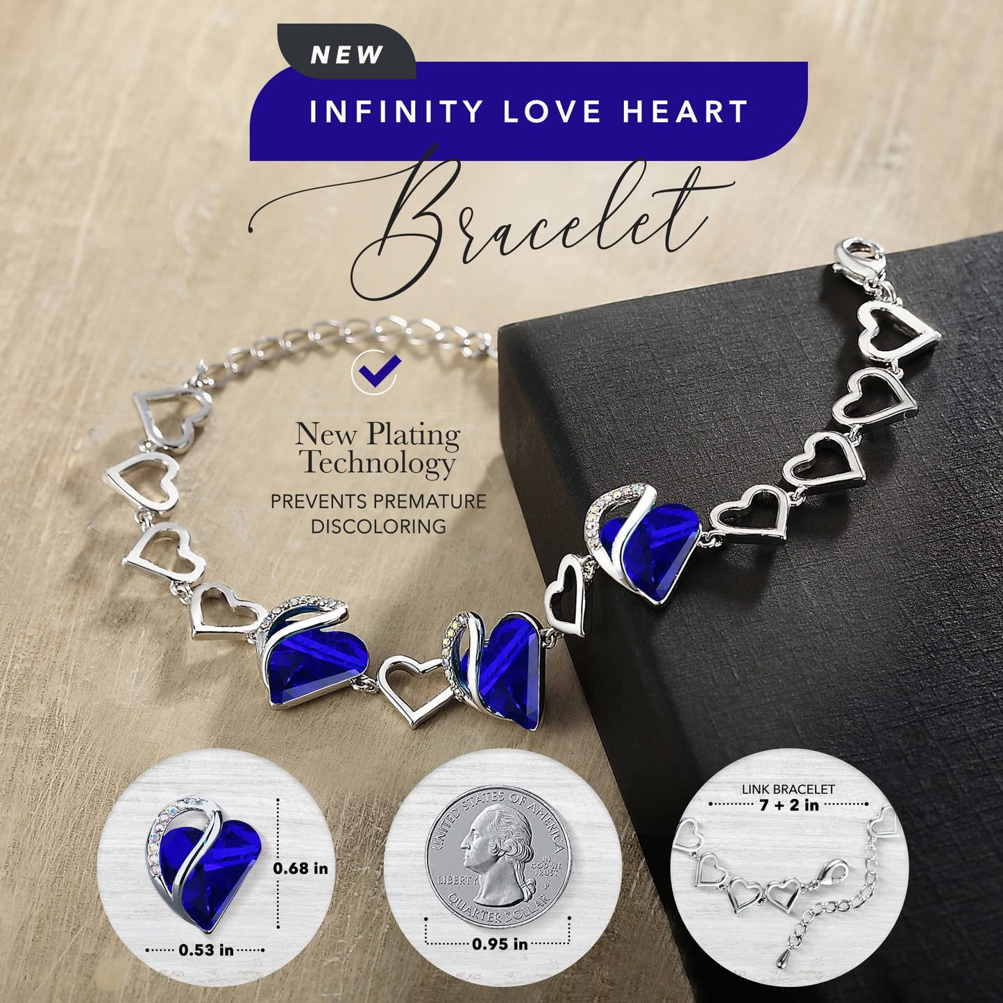Leafael Infinity Love Heart Link Bracelets, Birthstone or Healing Stone Crystal Bracelet for Women, Silver Tone Jewelry Gifts for Her, 7-inch Chain and 2-inch Extender