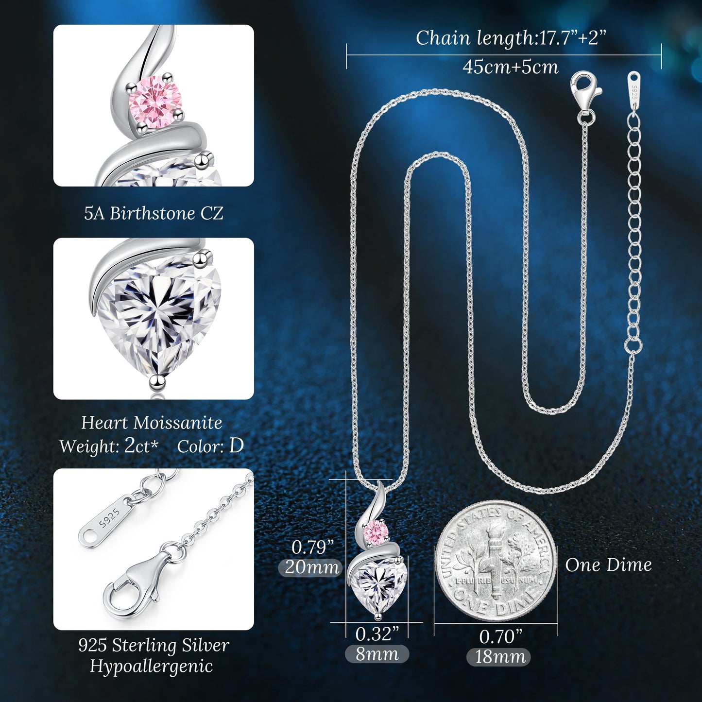 ANDSO Moissanite Heart Pendant Necklaces for Women, 925 Sterling Silver Necklace with Birthstone, Ideal Anniversary Present or Birthday Christmas Valentine Jewelry Gifts for Mom Wife Her Girlfriend