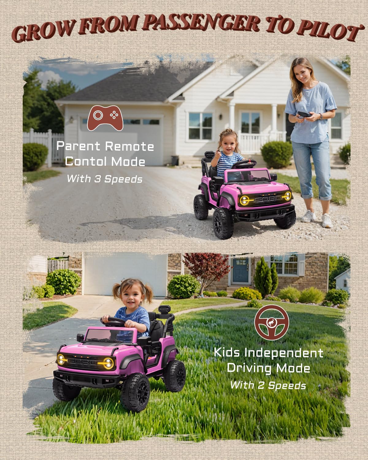 First Ride On 24V Ride on Toys for Big Kids, Licensed Ford Bronco Raptor 2 Seater Ride on Cars with Remote Control, Ride on Truck w/ 4-Wheeler Suspension, 3 Speeds, Led Lights, Bluetooth (24V, Pink) | First Ride On, 24V, for Big Kids, 2 Seater, with Remot