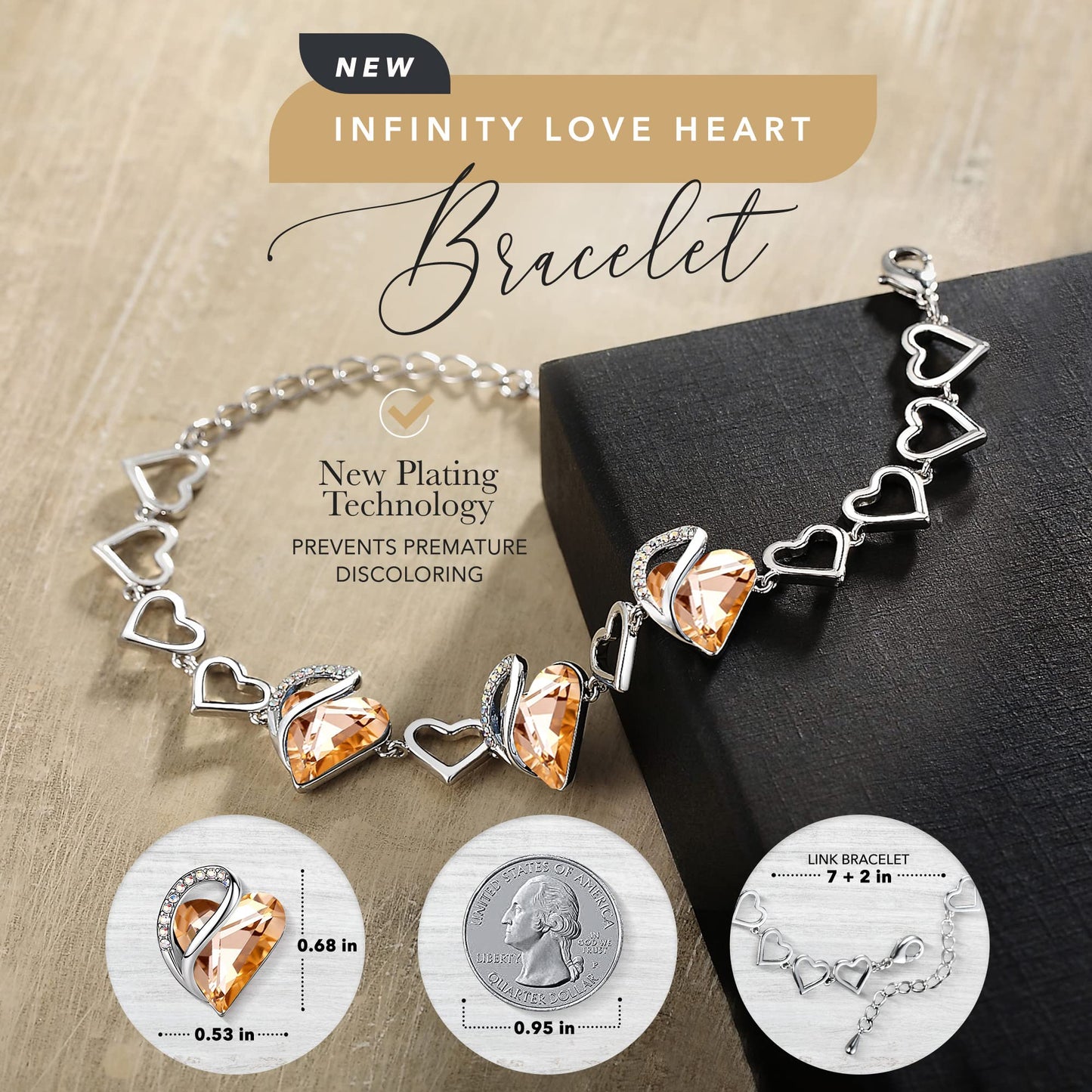 Leafael Infinity Love Heart Link Bracelets, Birthstone or Healing Stone Crystal Bracelet for Women, Silver Tone Jewelry Gifts for Her, 7-inch Chain and 2-inch Extender