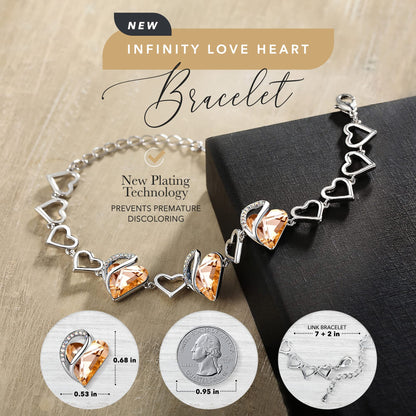 Leafael Infinity Love Heart Link Bracelets, Birthstone or Healing Stone Crystal Bracelet for Women, Silver Tone Jewelry Gifts for Her, 7-inch Chain and 2-inch Extender