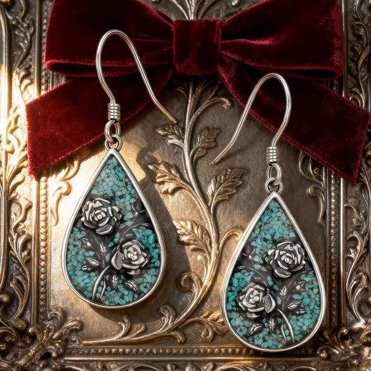 Genuine Turquoise Rose Vintage Earrings, Sterling Silver Boho Native American Western Teardrop Earrings Jewelry for Women