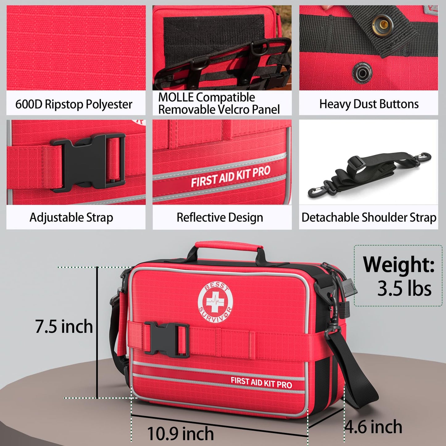 Besst Survivor Premium First Aid Kit - Waterproof Molle Medical Bag with Color-Coded Compartments, with Israeli Bandage, Rescue Blanket & CPR Mask for Home, Car, Hiking, Camping & Outdoor Emergencies