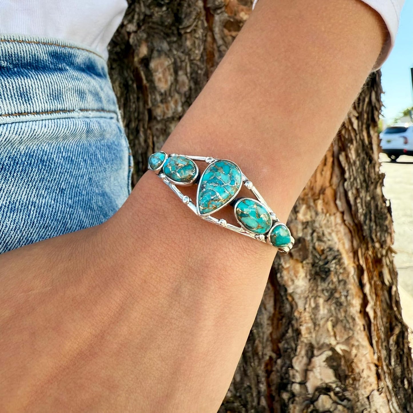 Turquoise Bracelet Sterling Silver 925 Genuine Gemstones Cuff Bracelet