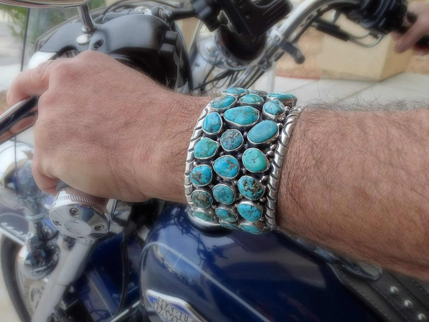 Wide Native American Navajo cuff bracelet Kingman turquoise cuff for men sterling silver