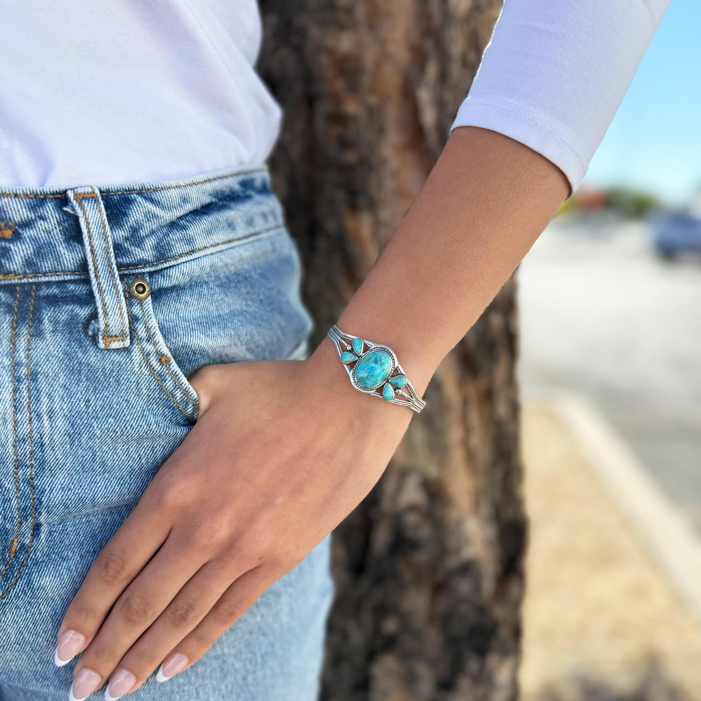 Turquoise Bracelet Sterling Silver 925 Genuine Gemstones Cuff Bracelet