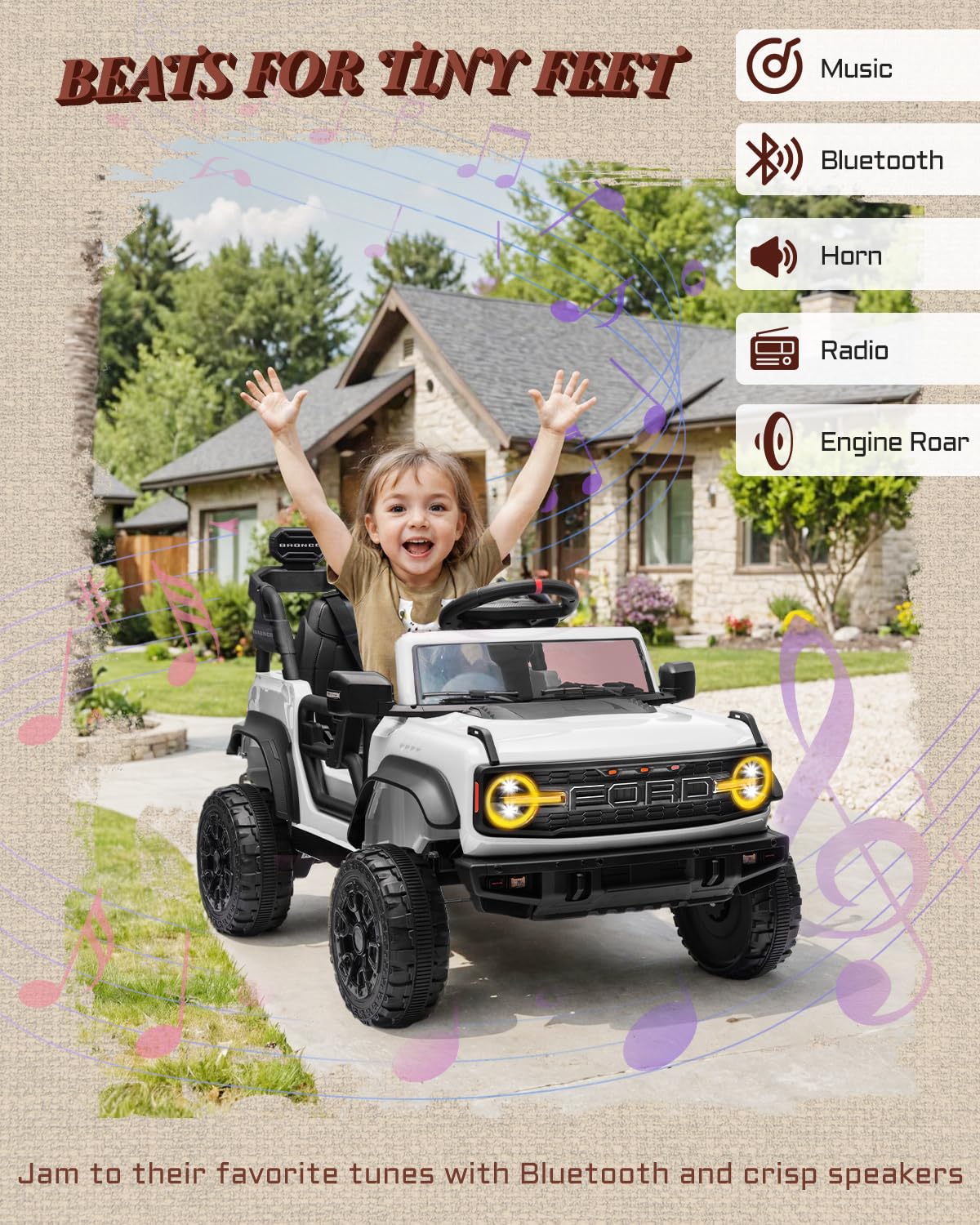 First Ride On 24V Ride on Toys for Big Kids, Licensed Ford Bronco Raptor 2 Seater Ride on Cars with Remote Control, Ride on Truck w/ 4-Wheeler Suspension, 3 Speeds, Led Lights, Bluetooth (24V, Pink) | First Ride On, 24V, for Big Kids, 2 Seater, with Remot