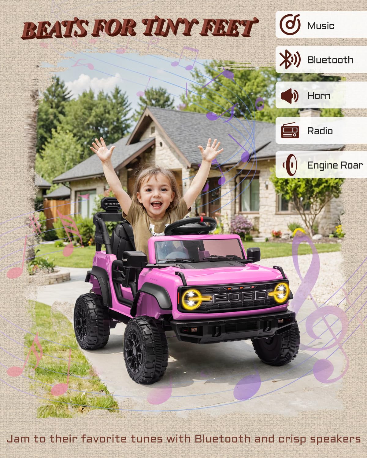 First Ride On 24V Ride on Toys for Big Kids, Licensed Ford Bronco Raptor 2 Seater Ride on Cars with Remote Control, Ride on Truck w/ 4-Wheeler Suspension, 3 Speeds, Led Lights, Bluetooth (24V, Pink) | First Ride On, 24V, for Big Kids, 2 Seater, with Remot