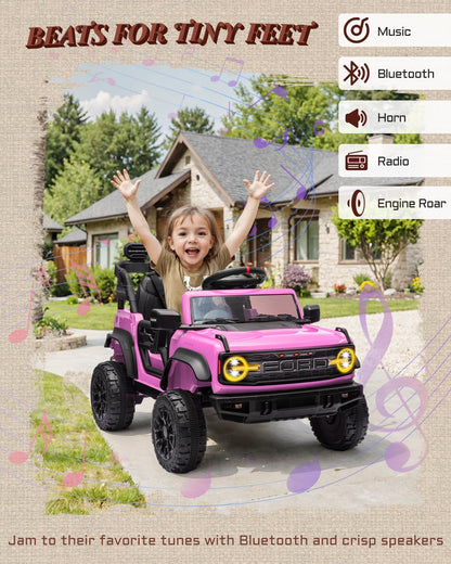 First Ride On 24V Ride on Toys for Big Kids, Licensed Ford Bronco Raptor 2 Seater Ride on Cars with Remote Control, Ride on Truck w/ 4-Wheeler Suspension, 3 Speeds, Led Lights, Bluetooth (24V, Pink) | First Ride On, 24V, for Big Kids, 2 Seater, with Remot