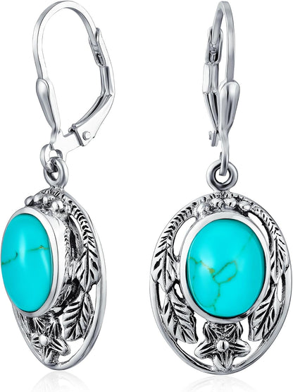Boho Native American Style Marquise Shaped Gemstone Stabilized Blue Turquoise Coral Leaf Feather Dangling Earrings Western Jewelry For Women Teens Lever Back Oxidized .925 Sterling Silver