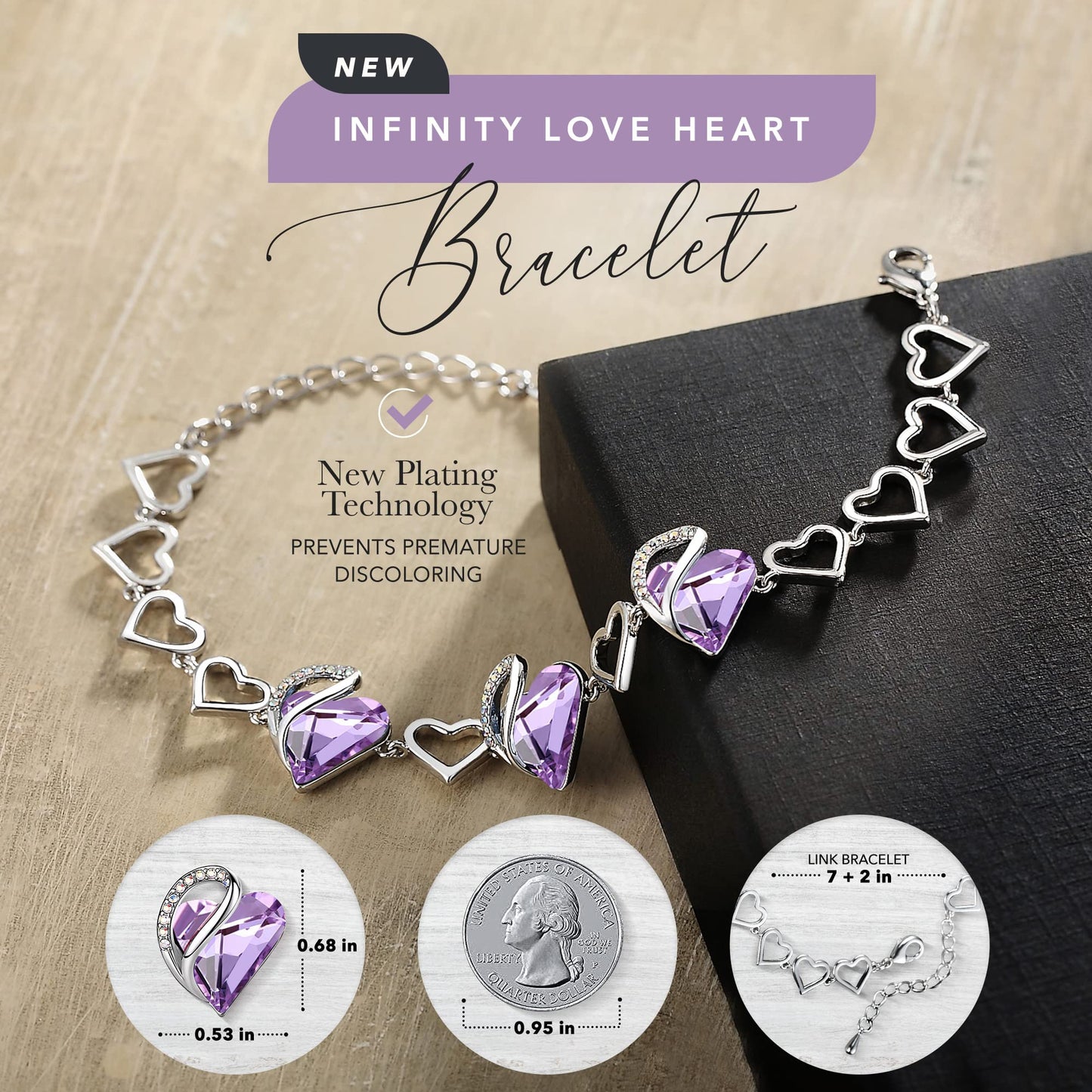 Leafael Infinity Love Heart Link Bracelets, Birthstone or Healing Stone Crystal Bracelet for Women, Silver Tone Jewelry Gifts for Her, 7-inch Chain and 2-inch Extender