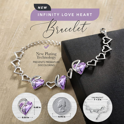 Leafael Infinity Love Heart Link Bracelets, Birthstone or Healing Stone Crystal Bracelet for Women, Silver Tone Jewelry Gifts for Her, 7-inch Chain and 2-inch Extender
