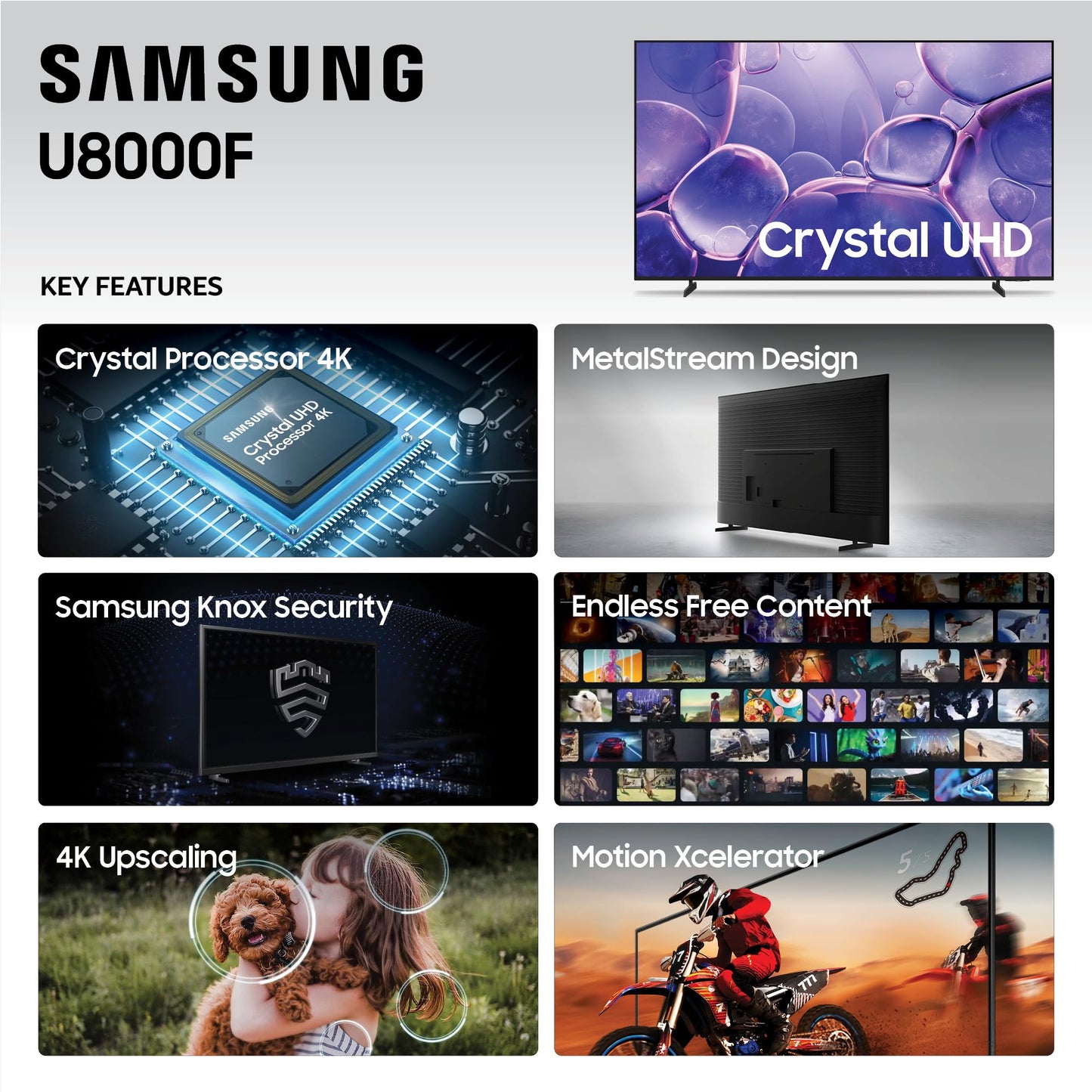 Samsung 43-Inch Class Crystal UHD U8000F 4K Smart TV (2025 Model) Endless Free Content, Crystal Processor 4K, MetalStream Design, Knox Security, Alexa Built-in
